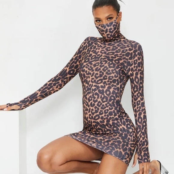 Tan  Leopard Print Long Sleeve Mask Bodycon Dress🆕 - Picture 1 of 4